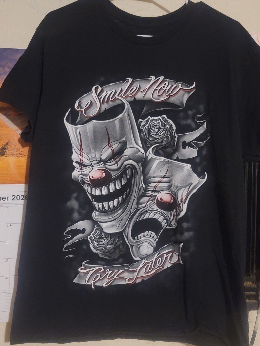 Black Graphic Clown Print Men’s T‑Shirt - Smile Now Cry Later